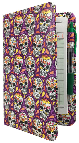 Cute Purple Sugar Skulls Server Book from ServerBooks.com, perfect for Cinco de Mayo or Halloween